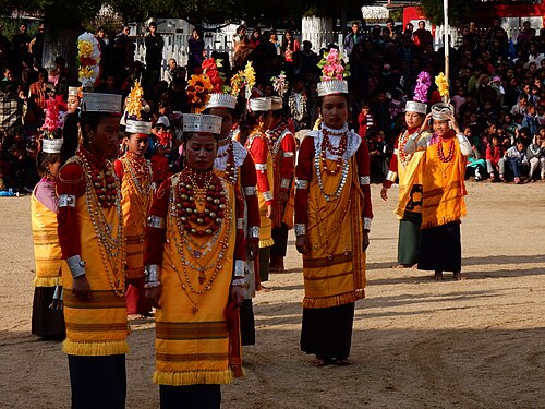 Folk dance in traditional costume in Meghalaya India during the Nongrem Dance